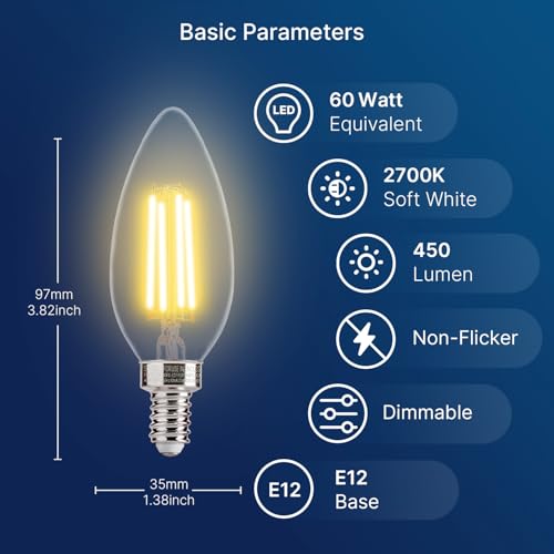 FLSNT 60W Equivalent LED Chandelier Light Bulbs, Dimmable, E12 Base, Clear B11 LED Filament Candelabra Bulbs, 2700K Soft White, 6 Pack - color: 2700k Soft White, size: 6 Count (Pack of 1)