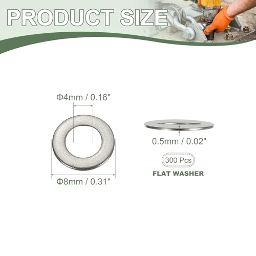 Flat Washers, 304 Stainless Steel Hardware Assorted Washer, 8 x 4 x 0.5 mm Fit for Bolts Screws Industrial Use (300 Pack, Silver) - size: 8 x 4 x 0.5 mm