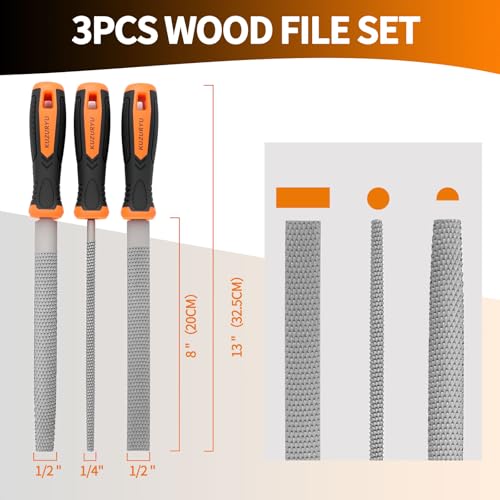 KUZURYU Woodworking Rasp Set – 3PCS Multi-Shape Precision Wood Files（Flat, Half-Round, Round） with Ergonomic Handles for Carpentry, DIY, and Wood Restoration - size: Wood File - 3 pcs