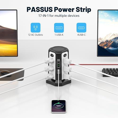 PASSUS PD65W USB C Fast Desktop Power Strip Surge Protector - color: Black White-4C1A