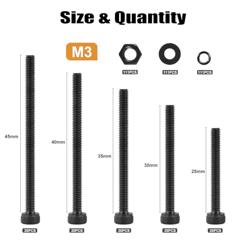 VGBUY 443Pcs M3 Screws Assortment Kit for 3D Printer DIY, M3x25/30/35/40/45mm, Hex Socket Head Cap Metric Screws Bolts Washers Nuts Kit, 12.9 Grade Alloy Steel, Black Oxide - size: M3x25/30/35/40/45mm, style: Socket Head