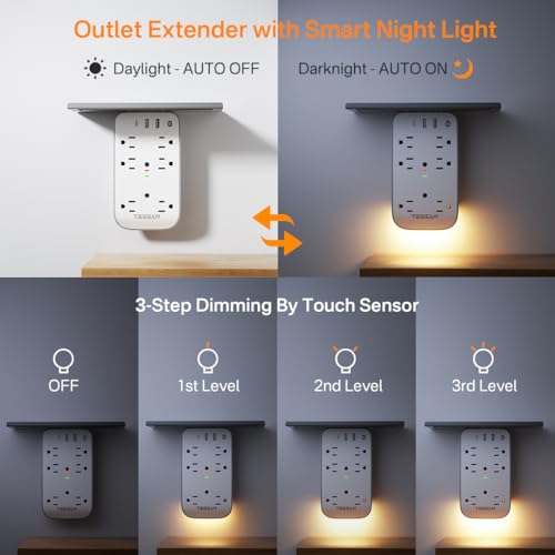 TESSAN Wall Outlet Extender with Shelf and Dimmable Night Light,