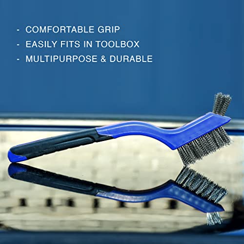 Lavaxon Wire Brush Set 3Pcs - Nylon/Brass/Stainless Steel Bristles with Curved Handle Grip for Rust, Dirt & Paint Scrubbing with Deep Cleaning – 7 Inches (Blue) - color: Blue