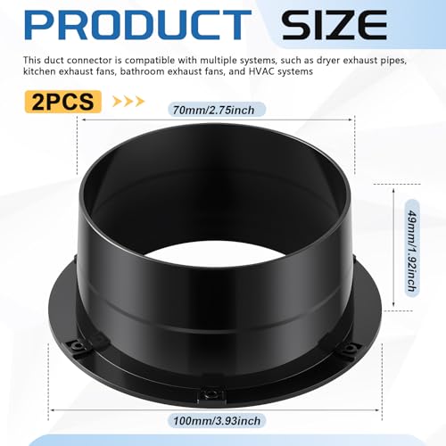 2 Pcs Duct Connector Flange 3 Inch Plastic Straight Pipe Flange Black Duct Reducer Dryer Vent Connector for Heating Cooling Grow Tent Bathroom Kitchen Ventilation System - size: 3 Inch