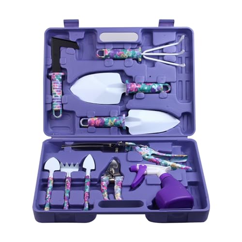 Garden Tools Set, JUMPHIGH 10 Pieces Gardening Tools with Floral Print, Ergonomic Handle Trowel Rake Weeder Pruner Shears Sprayer, Garden Hand Tools with Carrying Case Gardening Gifts for Women Father - color: Purple