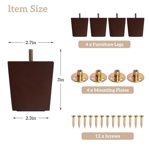 GOSCHE 3 Inch Wood Furniture Feet Sofa Legs Set of 4, Brown Square Couch Legs, Mid Century Modern Dresser Replacement Feet for Chair Armchair Recliner Coffee Table Or Home DIY Projects Bun Feet - size: 3 Inch