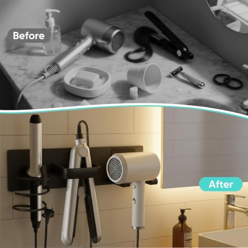 3-in-1 Aluminum Hair Dryer Holder, Matte Black Styling Tools Rack | No Drill Heat Resistant Wall Hair Tool Stand for Blow Dryer, Flat Iron & Curling Iron, Bathroom Rental Homes, No Wall Damage - size: A