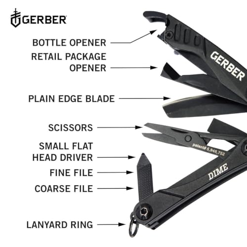 Gerber Dime 12-in-1 Mini Multitool Pliers, Pocket Knife,Bottle Opener,Black - color: Black, size: Single