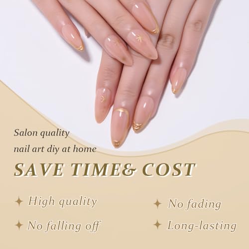 Gold French Tip Press On Nails Medium Almond, 3D Line Star French Tip Sticke On Nails, Designer Reusable Acrylic Nail Press Ons, Fake Nail With Glue On Nails, Daily Wea False Nail For Women - color: LF3885-3D Gold Line French, size: 24 Pieces (Pack of 1)