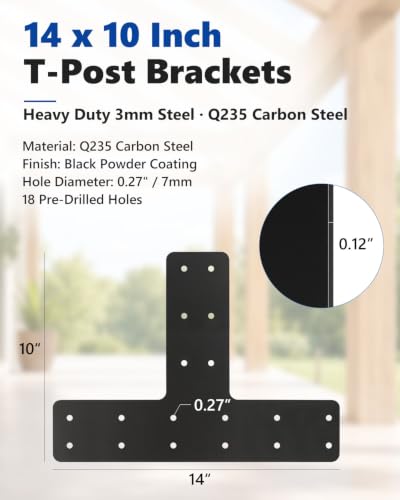 4 Pcs T Post Timber Brackets, 14" x 10" T Flat Mending Plate - style: 4 Pack T Shape(14×10)
