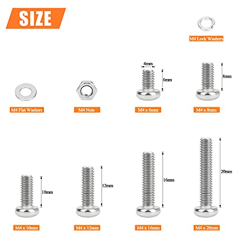HELIFOUNER 360 Pieces M4 x 6mm /8mm /10mm /12mm /16mm /20mm, Phillips Pan Head Machine Screws, Metric Screws Bolts Washers Nuts Kit, 304 Stainless Steel - size: M4