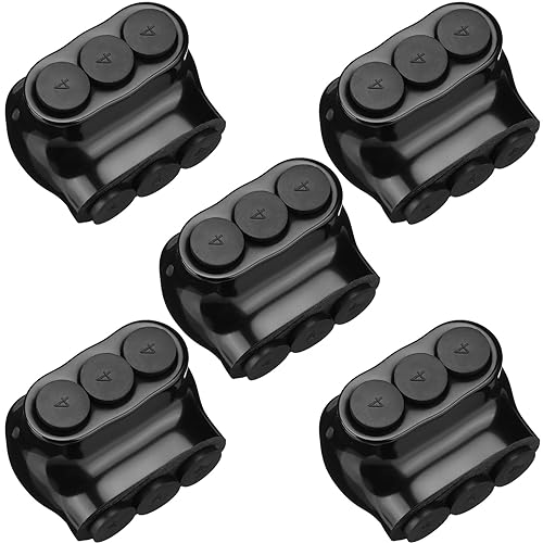 Kanayu 5 Pcs Black Insulated Multi Cable Connector, 3 Ports Electric Wire Connectors and Soldering Lugs, Single Side Entry Cable Splicers, with Oxide Inhibitor (14-4awg Range,1.57" X 1.26") - size: 14-4AWG Range, 1.57" x 1.26"