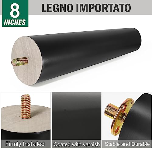 FoDau770 Rubber Wood Legs 8", Straight Taper, 5/16"-18 Thread, Black, 4pcs | Wood Couch legs - Mid Century Sofa Legs - Furniture legs Replacement for Cabinet Dresser Chair Ottoman - color: Black, size: 8 Inch - Straight (90°)
