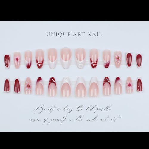 LPOODDNU 3D Flower Press on Nails Almond - Medium Red French Tip Fake Nails with Pearl Designs, Glossy Pink Finished Reusable False Nails with Adhesive Glue Tabs - 24Pcs Nail Kit for Women Manicure - color: red flower french tip