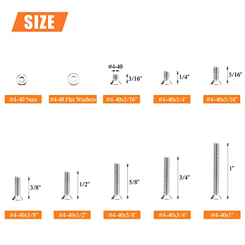 HELIFOUNER 250 Pieces #4-40 x 3/16" 1/4" 5/16" 3/8" 1/2" 5/8" 3/4" 1", Countersunk Head Socket Cap Screws Bolts Washers Nuts Kit, Coarse Thread, Fully Machine Threaded, 304 Stainless Steel - size: #4-40, style: Countersunk Head