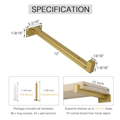 OVOV 6 Pack 12 Inch Gold Shelf Brackets with Lip Wall Shelf Brackets - color: Gold, size: 12 Inch