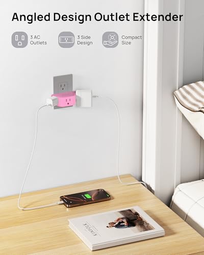 TROND Pink Outlet Extender with 3-Prong Grounded Sockets, for Tight Spaces - color: Pink, size: 3AC-3 Prong Plug, 1 Pack