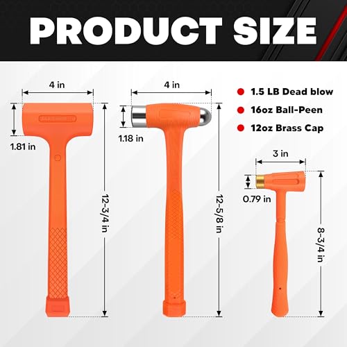 C&T Dead Blow Hammer Set, 3-Piece Kit, 1.5LB Dead blow, 12oz Brass Cap, 16oz Ball-Peen,Brass, No Rebound Design, Unibody Molded Checkered Grip, Home Repair & Garage Use - style: 3PC-1