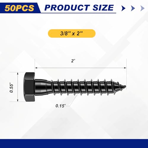 Zonon 50 Pcs 3/8'' X 2" Hex Head Lag Bolts Screws with Washers, Black - color: Black, size: 3/8'' X 2"