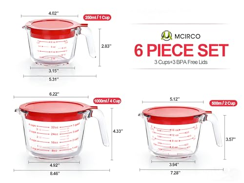 M MCIRCO 6 Pcs Glass Measuring Cups with Lids Set, 1 Cup, 2 Cup, 4 Cup - size: 1-Cup