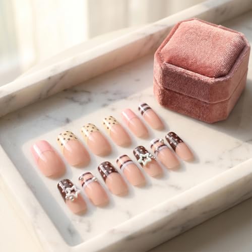 Medium Square Press On Nails Pink Brown with Y2K 3D Star Polka Dots - color: Style16