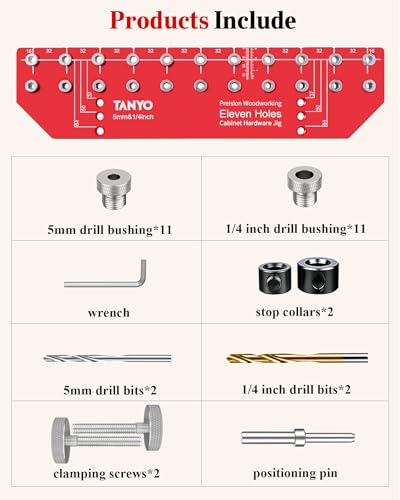 TANYO 11-Hole Shelf Pin Jig, 1/4" & 5mm Drill Bits, Cabinet Hardware | ﻿Aluminum Shelf Jig, Self-contained Clamping Function, Cabinet Hardware Jig Woodworking Tool Drill Guide - color: Scarlet, size: 11 Hole