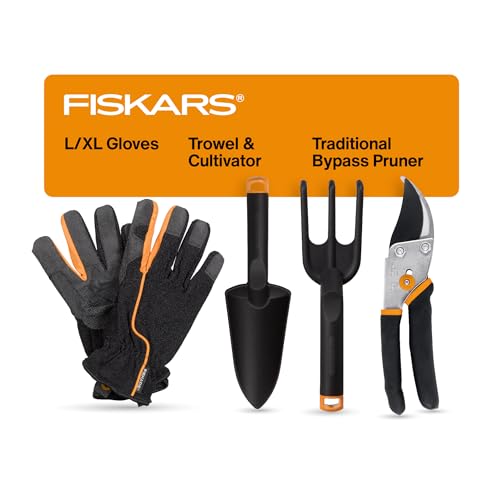 Fiskars 4-Piece House Plant Starter Tool Gift Set, Plant Care Accessories Set for Indoor Gardening and Potting, Pruning Shears with Steel Blade, FiberComp Trowel & Cultivator, L/XL Garden Gloves - style: Houseplant Starter Gift Set