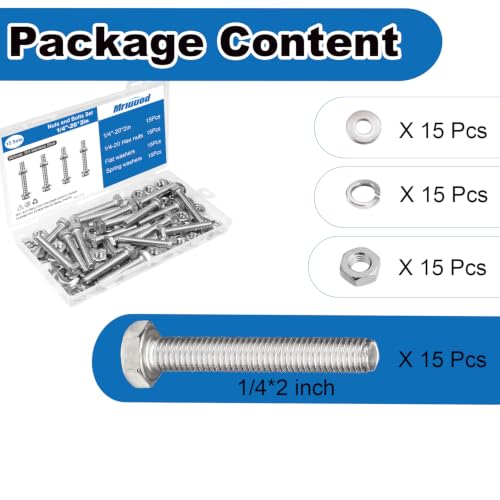 1/4x2 Hex Bolts Set, 15Pcs 1/4"-20 Nuts and Bolts Assortment Kit - size: 1/4-20*2 Set