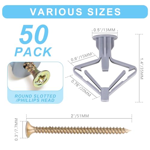 50 pcs Drywall Anchors, Hollow-Wall Anchors with Screws - color: Gray-25pcs
