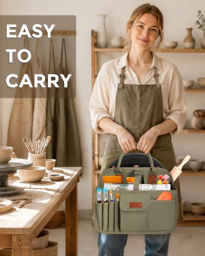 Pottery Tool Organizer Bag, Art Supply Studio Bag, Clay Tool Storage Caddy - color: Green