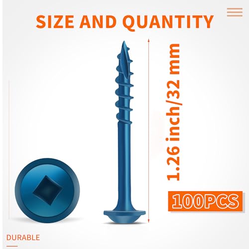 TPOHH #8 x 1-1/4" Blue Coated, Hardened Steel Pocket Hole Screws, No.8 x 1-1/4 Inch Square Drive Washer Head Wood Screw, 2 Inch & 6 Inch Bit Included, Partially Threaded Self Tapping, 100 PCS - size: #8 X 1-1/4 inch
