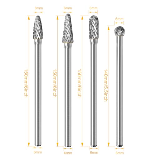 4PCS Long Carbide Burr Set 1/4" Shank Total L 6"Rotary File Long Tool Accessories for Dremel, Double Cut Tungsten Carbide Rotary Files for Metal, Wood, Aluminum, Engraving, Carving, Drilling - size: 6x6mm