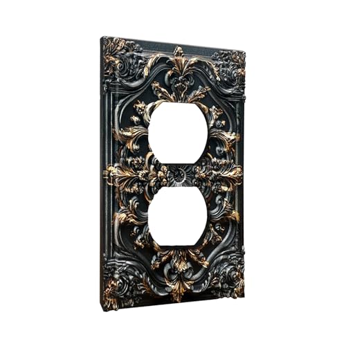 Decorative Outlet Covers Black Gold Flower Elegant 3D Floral Embossed 1 Gang Duplex Light Switch Cover Plate Unique Wall Plate Electrical Switch Plate Covers for Bedroom Home Decor - color: Black Gold 01, size: 1-Gang Duplex Outlet/ 5 x 3 IN