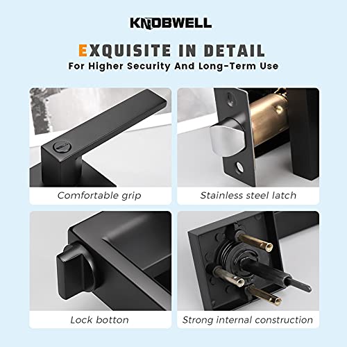 KNOBWELL 8 Pack Matte Black Interior Privacy Door Knob, Bedroom Doorknob with Lock, Square Lever Door Handle, Heavy Duty Black Lever Handle