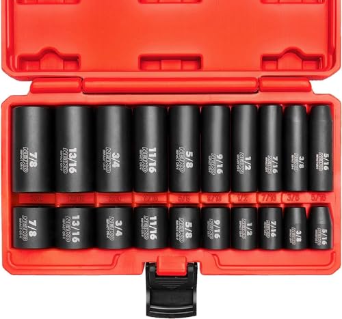 NEIKO 02434A 3/8-Inch-Drive Standard and Deep Impact Socket Set, 6-Point SAE Sizes from 5/16" to 7/8", CrV Steel, 20 Pieces