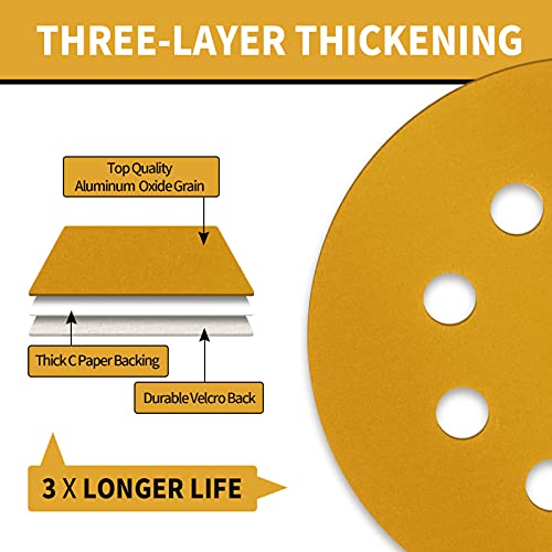 100 Pcs 5 Inch Sanding Discs Hook and Loop, 8 Hole Gold Premium 320 Grit Dustless Random Orbit Sandpaper for Woodworking or Automotive - style: 320 Grit-100 Discs