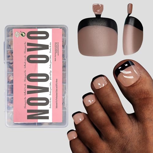 NOVO OVO Fake Toe Nail Tips Press on, Black French Tip Soft Gel Toenail Extension, BROWN PINK Square Round Pre-applied Tip Primer & Base Coat, Full Cover Matte False Nails for DIY x 15 Sizes 360Pcs - color: Square Round Black French Tip Brown Pink