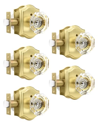 Gobrico Privacy Door Lock Sets Crystal Knobs Heavy Duty Door Hardware,Keyless Bath/Bed Door Knobset with Lock Inside,Push Pin Button,Satin Brass/Gold Arched Rosette,5 Pack - color: Satin Brass