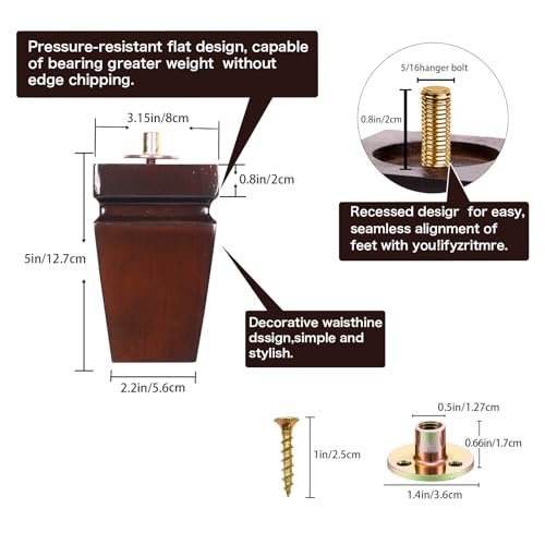 Wood Legs for Furniture 5 inch Heavy Duty Sofa Legs Square Brown Bed Legs Pack of 4, Mid Century Chair Feet, Sofa Replacement Parts, Dresser Leg Sideboard Recliner Couch Riser - color: Brown, size: 5"H*3.15"W