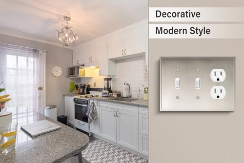 Henne Bery Soft Modern Decorative Wall Plate Switch Plate Outlet Cover (Double Toggle/Single Duplex, Satin Nickel) - style: Double Toggle/Single Duplex