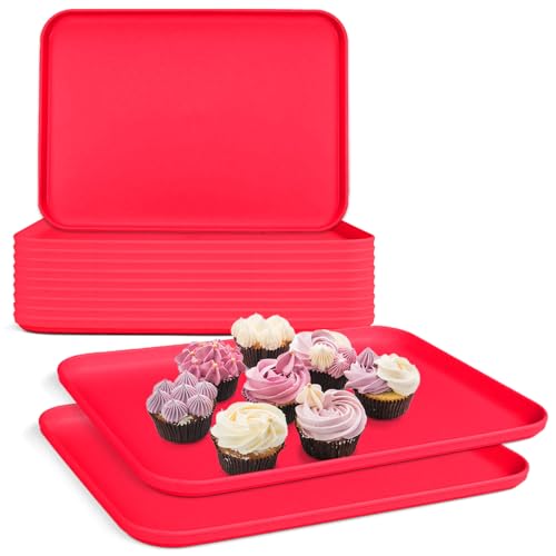 Plastic Serving Trays, 12 Pack Cafeteria Trays Plastic Fast Food Tray for DIY Projects, Painting, Beads, Organizing Supply, 9.4 X 6.7 X 0.6 Inches (Red) - color: Red