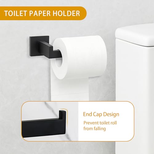 5-Piece Matte Black Bathroom Hardware Accessories Set - 16 Inch Stainless Steel Wall Mounted Towel Rack, Toilet Paper Holder, Towel Ring & 2 Hooks, Bathroom Organizer and Storage - color: A-16 Matte Black