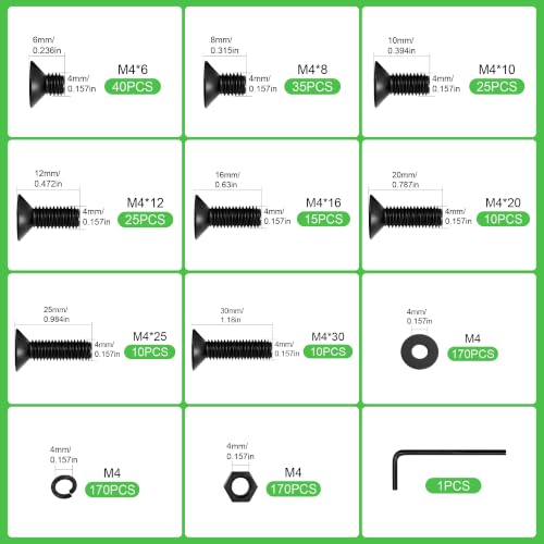 680Pcs M4 Countersunk Flat Head Phillips Machine Screws Assortment Kit, Nuts Washers with Screwdriver, M4x6/8/10/12/16/20/25/30mm for Electronics & Machinery - size: M4-680Pcs