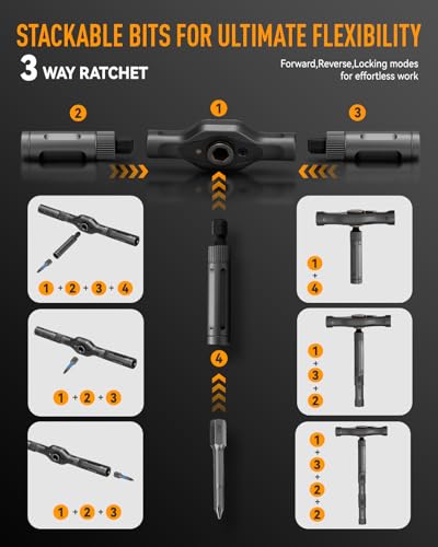 Magnetic Screwdriver Set, 42 in 1 T Handle Ratchet Screwdriver with S2 Steel Multi Bits, Compact Repair Tool Kit with a Magnetic Pickup Tool for DIY, Furniture, Home Daily Repair (Orange) - color: Orange 43