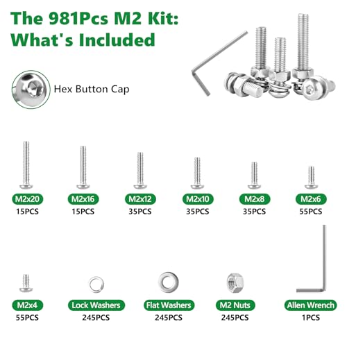 981 Pcs M2 Hex Button Cap Screws Nuts Washers Wrench Kit, 304 SS - size: SS M2 981pcs 2