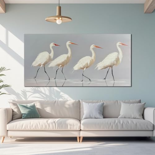 SSNEEKNDG White Heron Wall Art Bird Painting Animal Texture Artwork 29"x58" - size: 29"L x 58"W