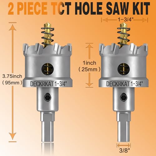 2-Pack 1-3/4" TCT Hole Saws for Hard Metal, Heavy Duty 45mm Tungsten Carbide Tipped Hole Cutters Set with Spring-Loaded Pilot Drill Bits for Stainless Steel, Metal, Iron, and Plastic - size: 1-3/4" (45mm) X 2Pcs
