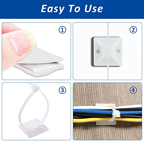 Strong Back-Glue Self Adhesive Cable Zip Tie Mounts Kit - 100 Set Cable Management Clips with 6" Zip Ties, Wire Holders - Outdoor Sticky Wire Organizer Clips - White - color: White