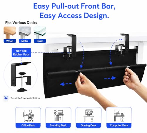 Under Desk Cable Management Tray 36", No Drill Clamp-On Design, Premium Oxford Fabric Cord Organizer Hides Power Strip & Messy Wires, Ideal for Home Office & Gaming Desk