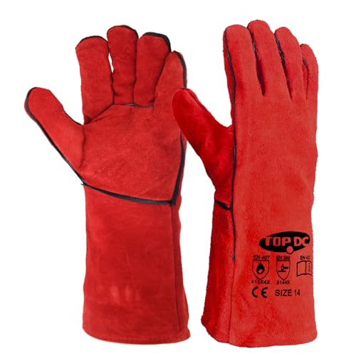 TOPDC Welding Gloves 14 Inch Heat Resistant Leather For Mig Stick Forge - color: 14 Inch Red